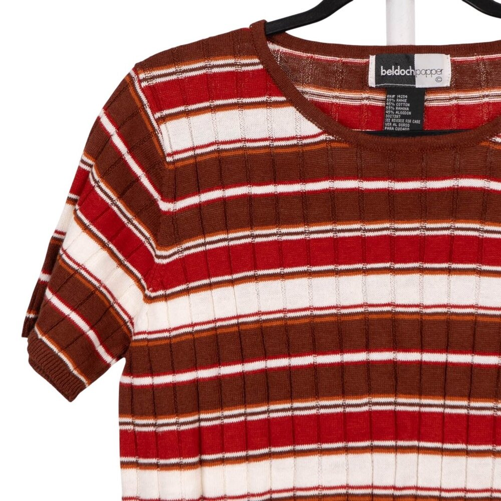 70s Knit Sweater M Striped Red Brown ShortSleeve Knit Preppy Academia Old Money - Picture 2 of 5